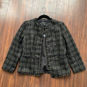 NWT Petite Shimmer Plaid Fringe Tweed Jacket